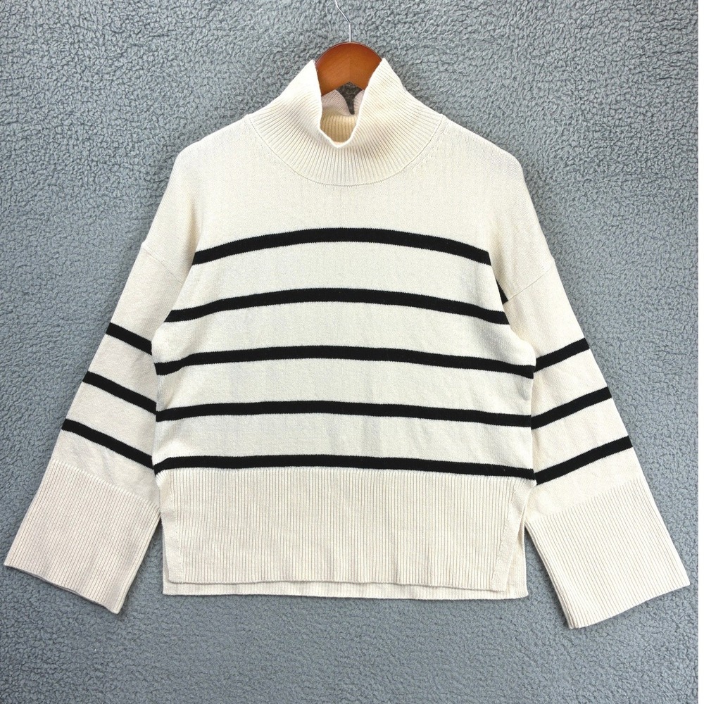 Banana Republic Striped Mock Neck Sweater Womens M Ivory Black Knit Cozy Preppy